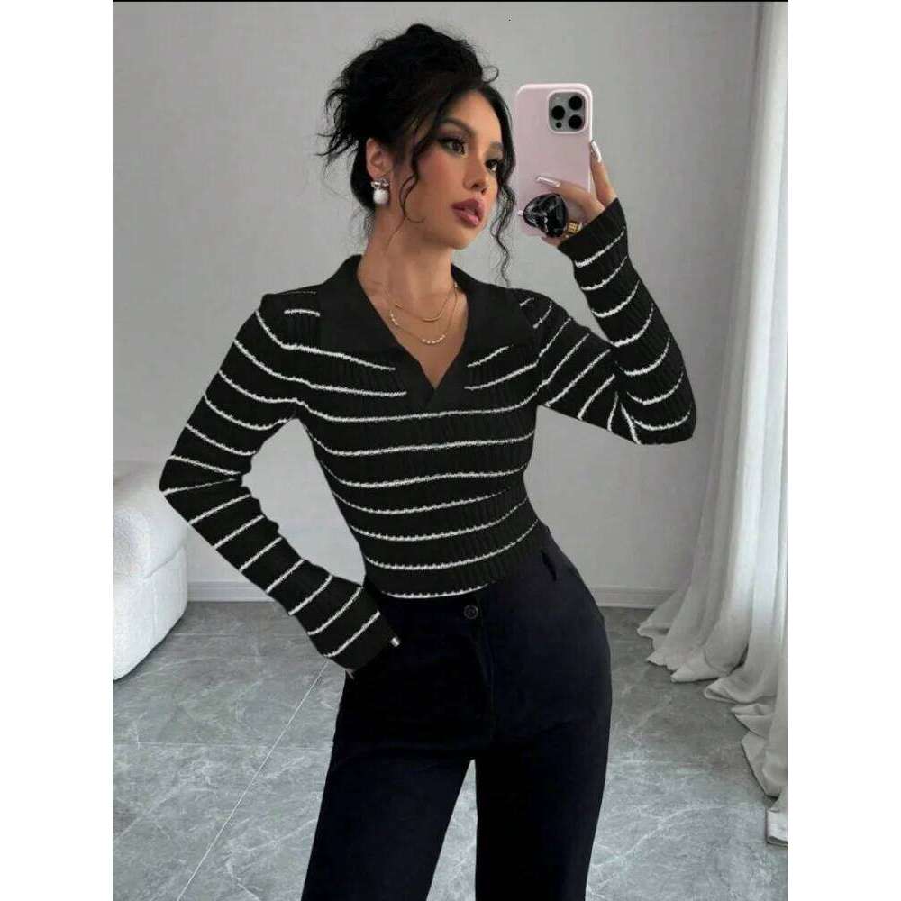 Miyouj Stripe Pullover Sweater New Underlay Clothes Women's Autumn Underwear Slim Style Popular V-Neck Sweaters