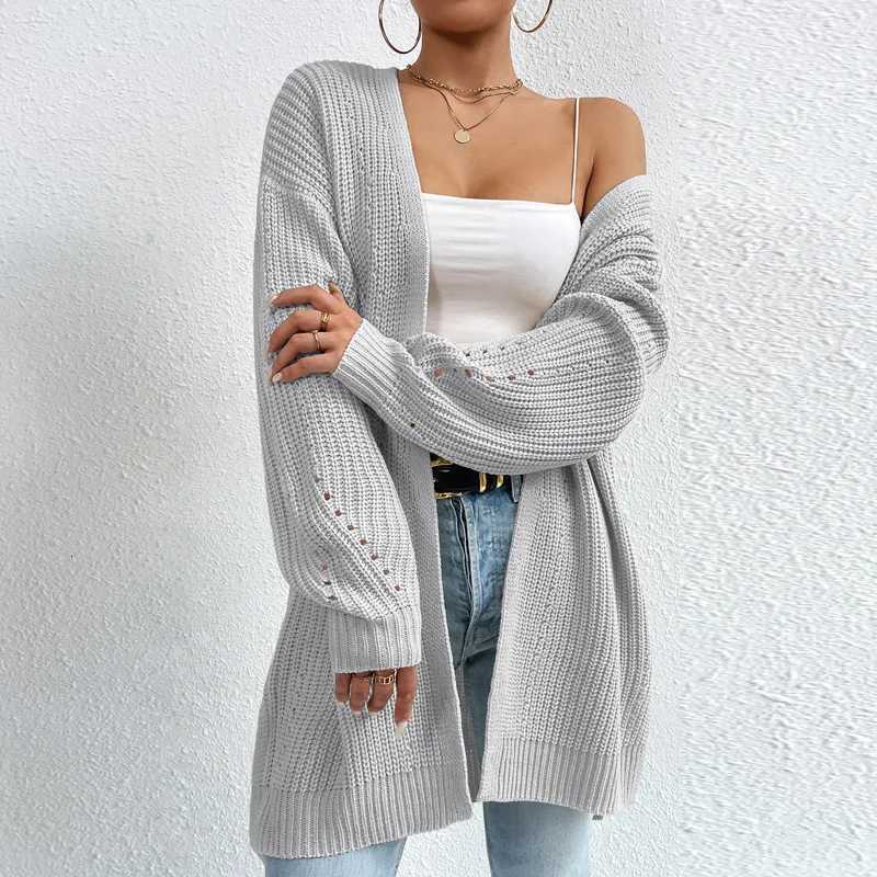 New Autumn And Winter Fashion Womens Long Sleeved Mid Length Sweater Jacket Knitted Cardigan Vneck Gray Knitted Cozy SweaterT251028