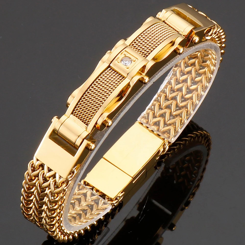 Bracelet for Men Gold Color 12MM Wide Stainless Steel Square Franco Link Chain Mens Wrist Bracelets With Magnet Clasp 251028