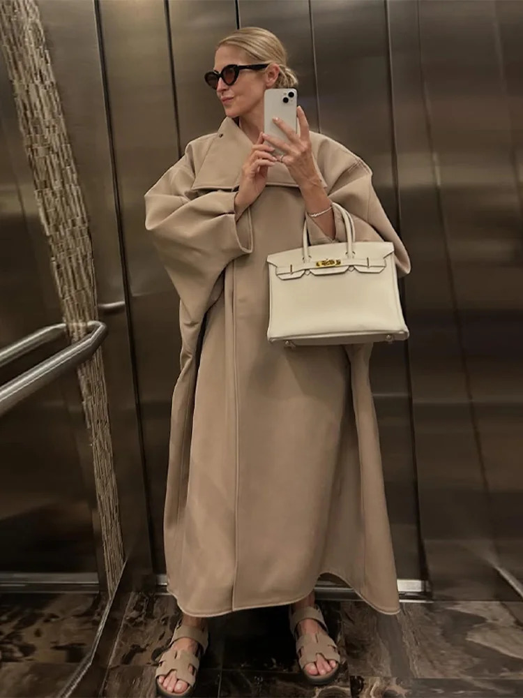 Chic Stand Collar Long Woolen Coat Women Puff Sleeve Single Breasted Loose Warm Overcoat Autumn Winter Lady Outwear 251028