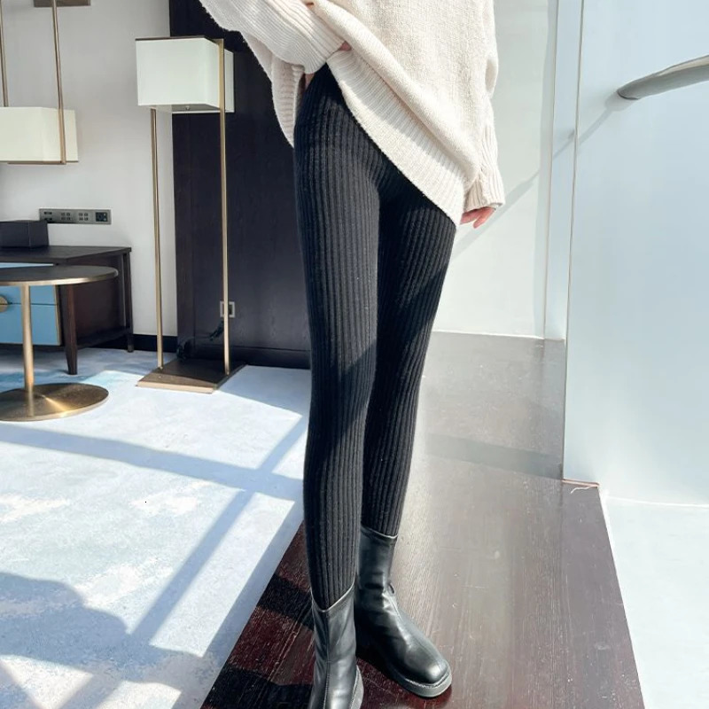 Slim Leggings Autumn Women High Waist Casual Trousers Knitted Ribbed Thicken Solid Elasticity Thermal AnkleLength Leggins 251029