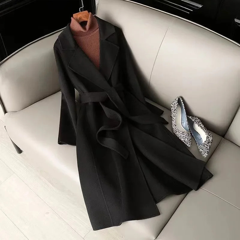 Autumn Winter Womens MidLength Woolen Coat SlimFit KneeHigh Belted HighEnd Polyester Fiber Outerwear Fashionable Coat 251029