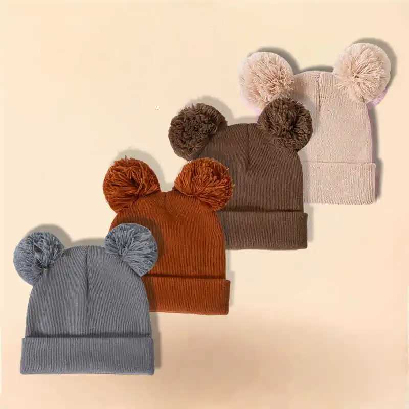 4PC Double Ball Childrens solid color 16Y cute baby knitted cap Acrylic autumn and winter cap251028