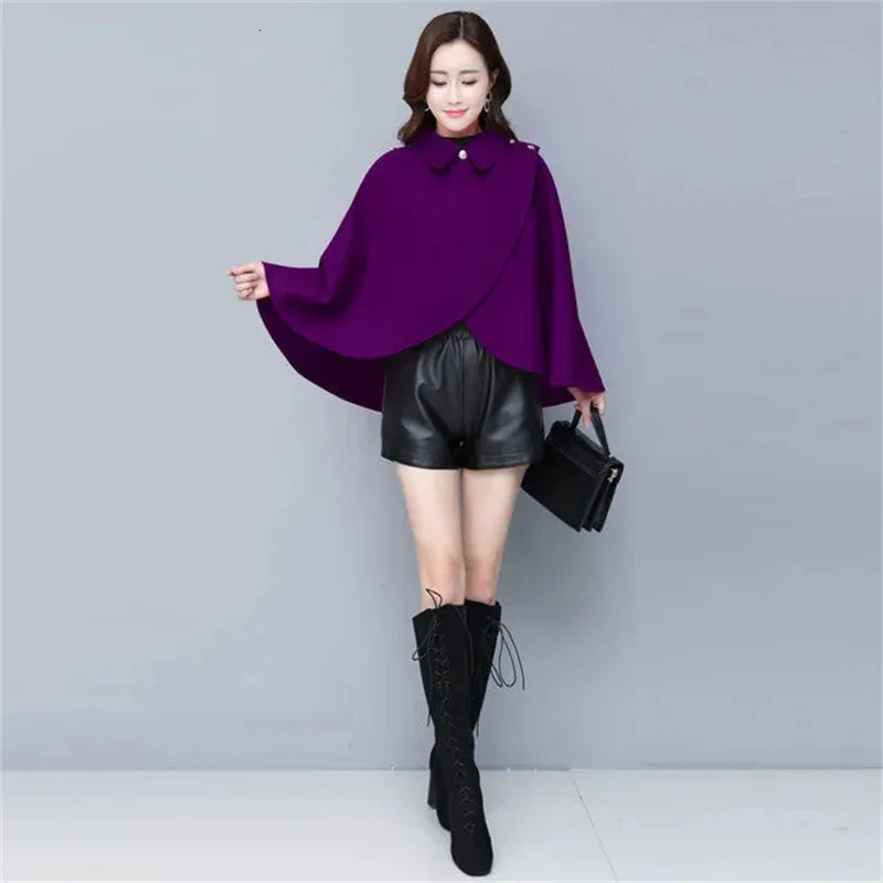 Fashion Woolen Shawl Coat For Women 2025 Autumn Winter Woolen Jacket Short Outerwear Cape Red Black Coat Tops Female 251029