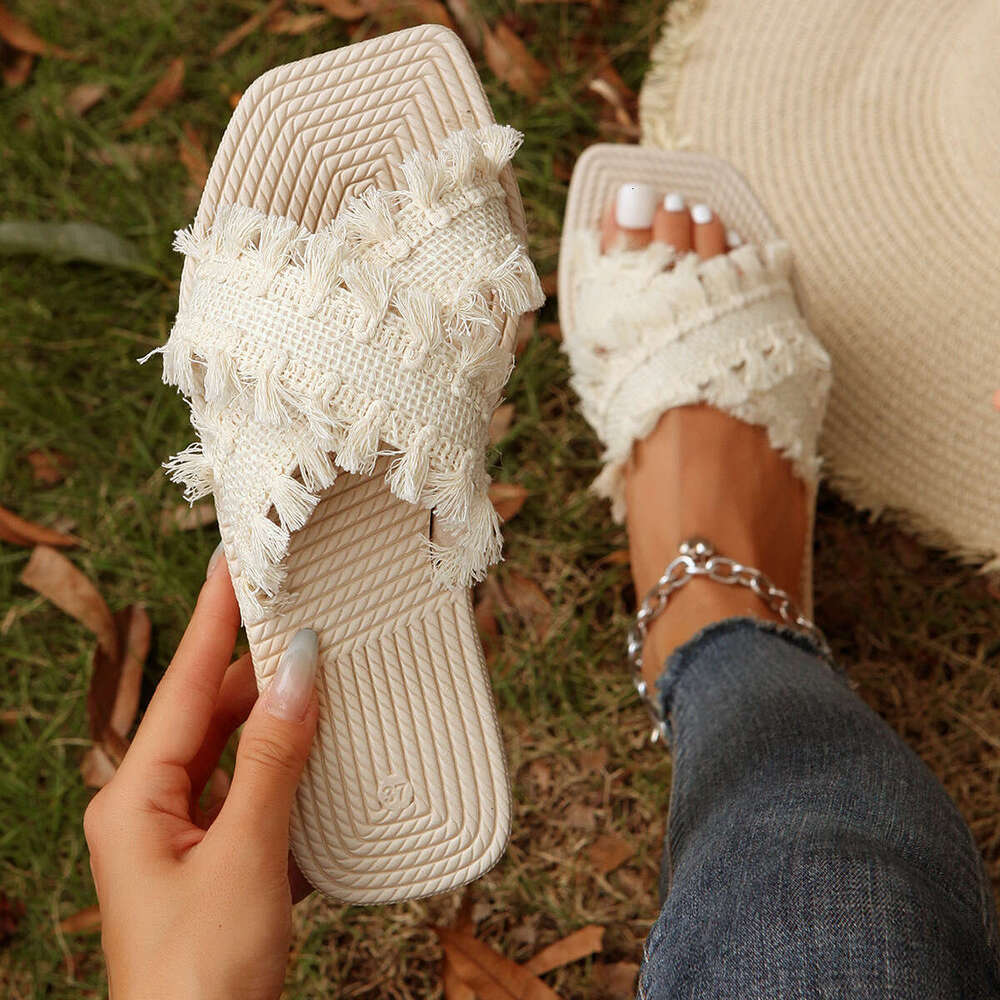 Women's Summer New Bohemian Designer Shoe Comfortable EVA Flat Slippers Lightweight Waterproof Vacation Cross Tassel Beach Sandals