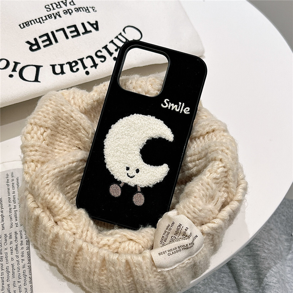 Niche Embroidered Star and Moon Phone Case Compatible with iPhone 17/16/15 Pro Cartoon Protection iPhone 14/13