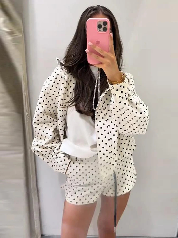 Polka Dot Print Shorts Loose High Neck Long Sleeves Zipper Drawstring Sets Female Autumn Chic Set 251029