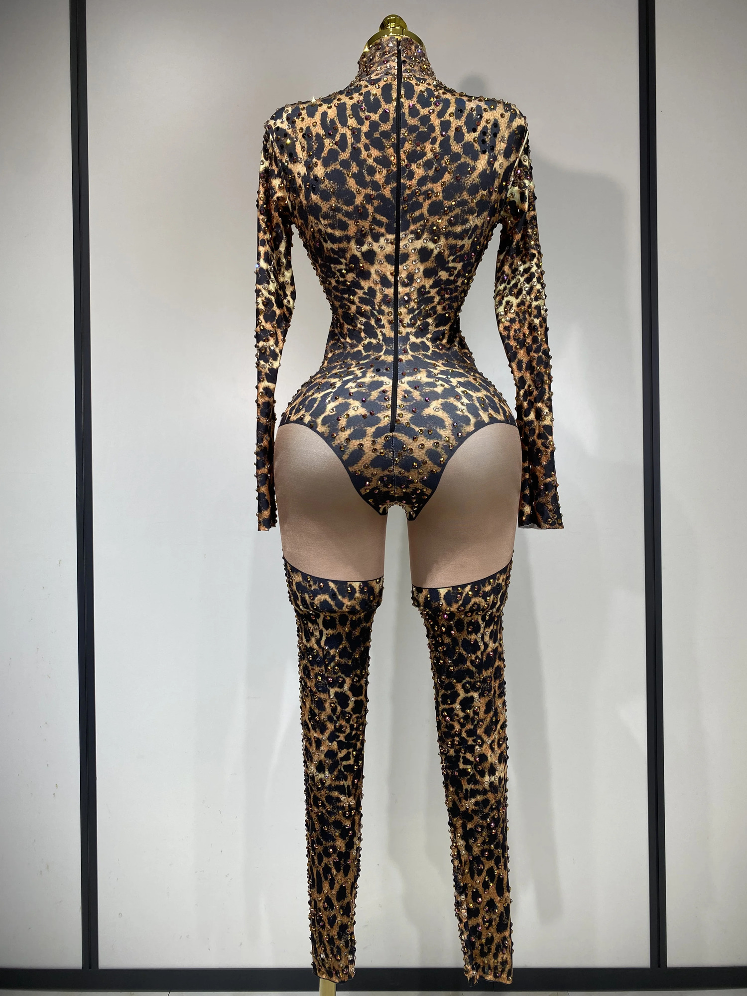 Women Stretch Leopard Print Sexy Bodycon Jumpsuit Bar Nightclub Singer Dancer y Diamond Stage Performance Outfit 251027