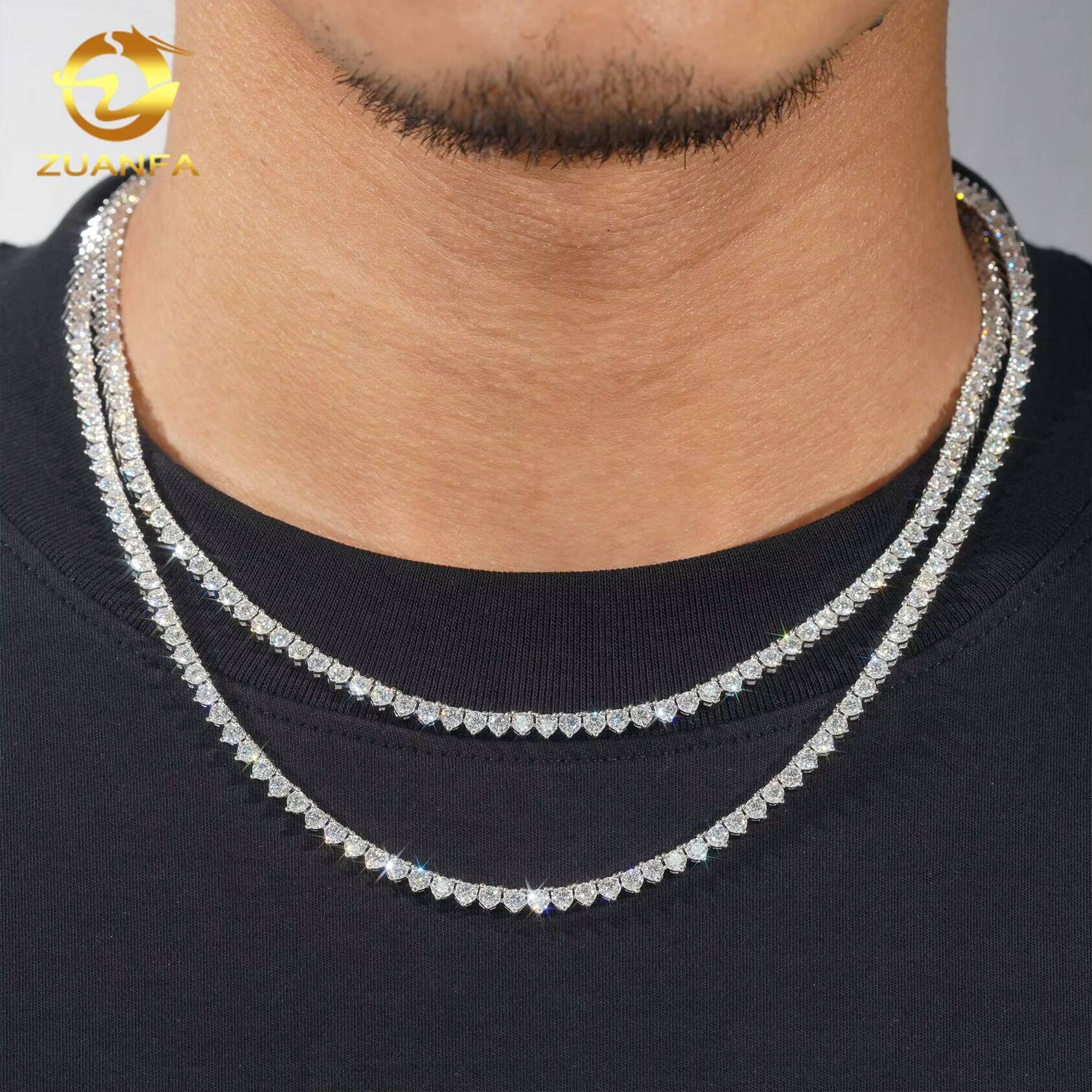 RTS Three Prong 3mm Necklace Silver 925 Vvs Moissanite Hip Hop Iced Out Fine Jewelry Tennis Chain