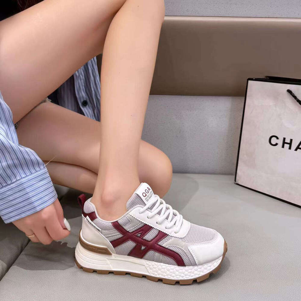 Genuine Leather Dad Shoes for Women 2025 Autumn New Breathable Mesh Versatile Lightweight Sports Casual Height-Increasing Sneakers