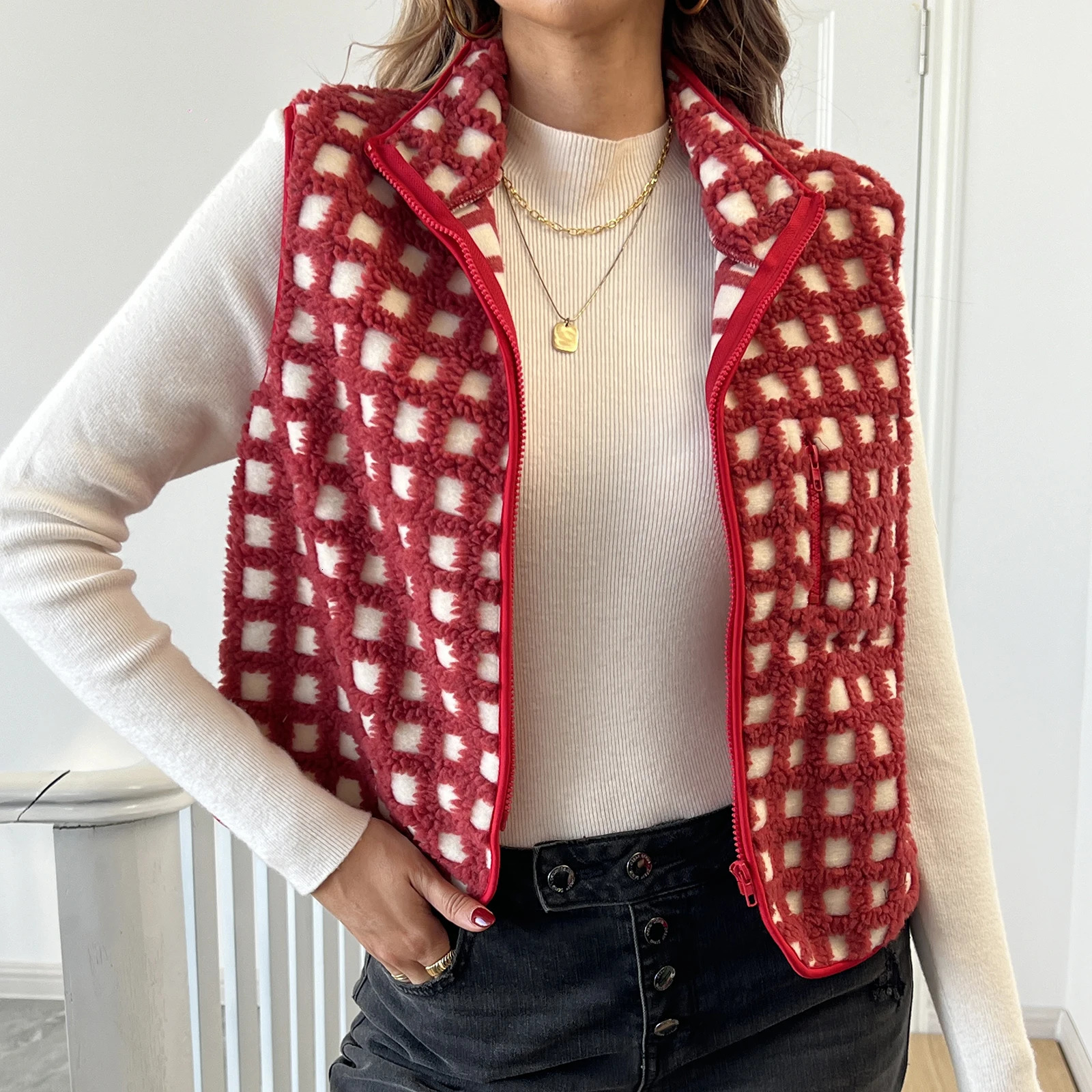 Womens Fuzzy Checkered Vest Sleeveless Stand Collar Zip Up Vest Jacket Loose Spring Fall Warm Outwear 251029