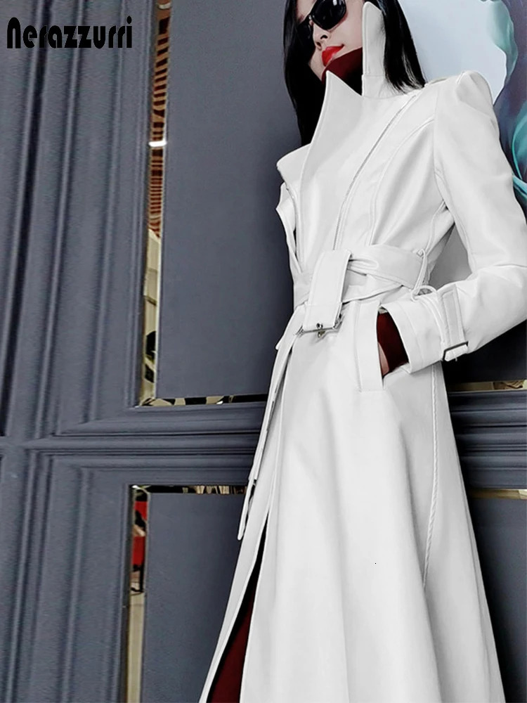 Nerazzurri Spring Runway White Long Leather Trench Coat for Women Long Sleeve Elegant fashion Womens Coats 251029
