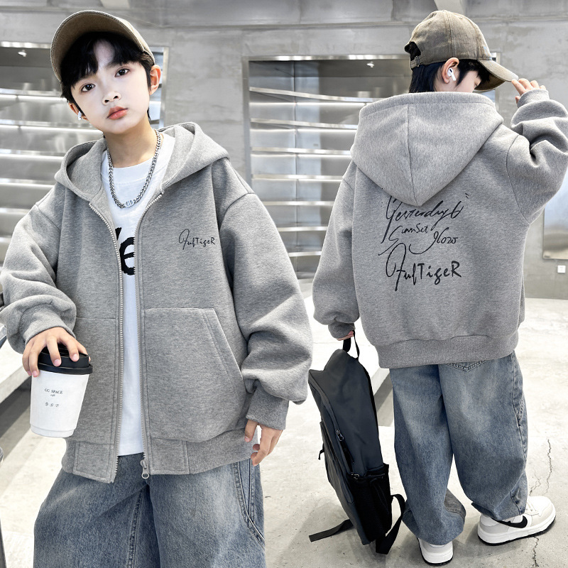 Boys' Jacket Spring and Autumn New Style Designer Big Children's Hooded Top Boys' Autumn Sportswear Open Knitted Woolen Sweater Fashion