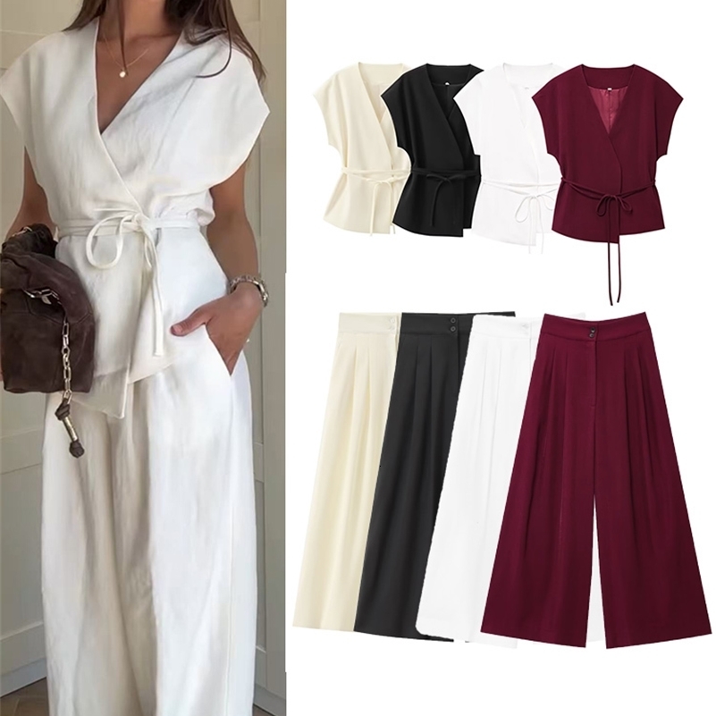 TFMLN Fashion Womens Trouser Suits Sleeveless VNeck Top With Belt Straight Pants Sets 2025 Spring Summer 2 Piece Set 251013