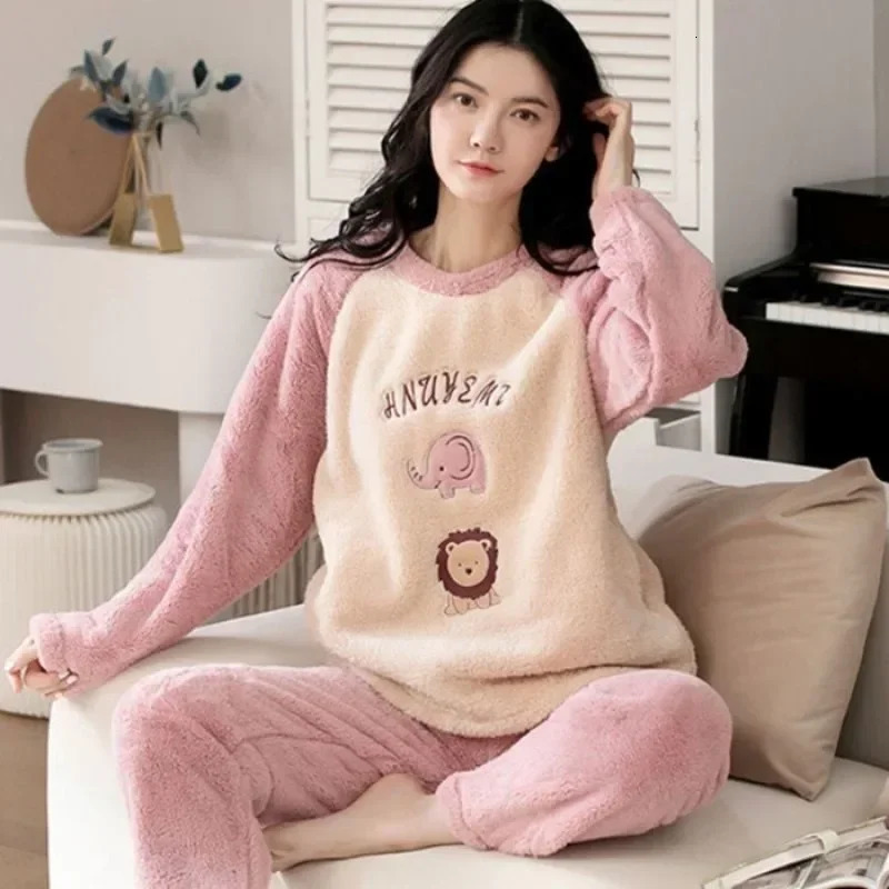 Warm Sleepwear for Winterthickened Flannel Pajamas Student Long Sleeve Cartoon Ladies Loungewear Setpajamas Woman Offer 251029