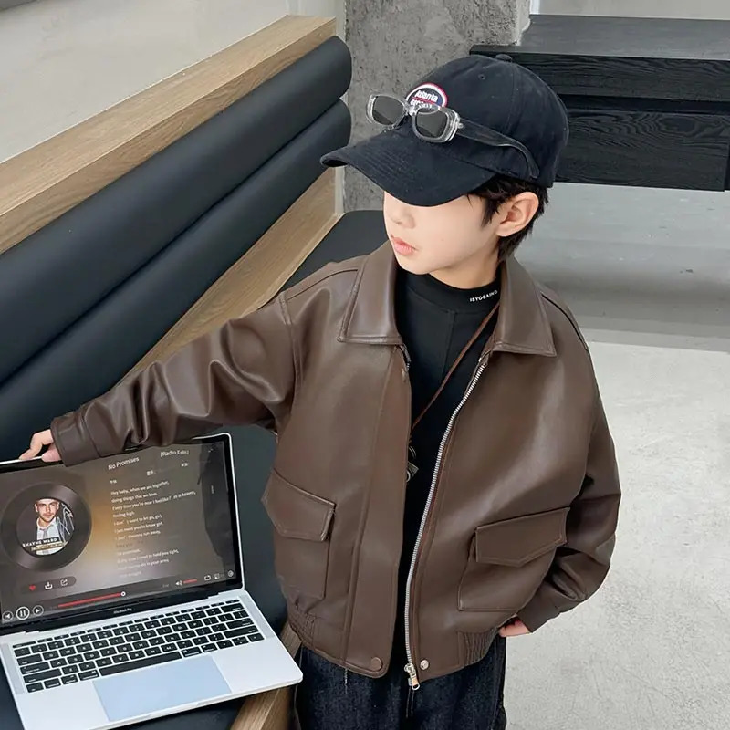 Korean Boys Faux Leather Jacket Kids Stylish Solid Brown Color Artificial PU Coat Child High Fashion Autumn Outfit Age 5 To 14Y 251028