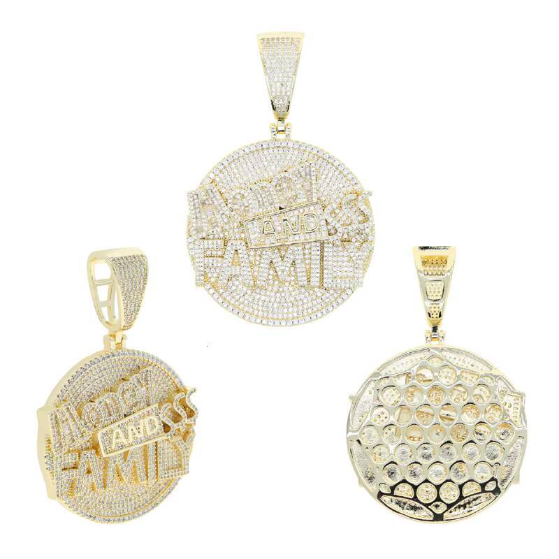 Hip Hop Iced Out Sparking Letter Money and Family Round Charm Bling Cubic Paved Pendant Necklace Men Jewelry