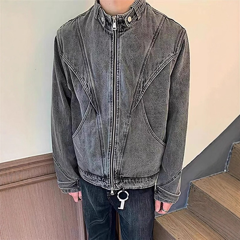 American Style Designer Jacket Washed Denim Jacket For Men Street Style Loose Fit Cool And Versatile Deconstructed Design Stand Collar Zipper Coat