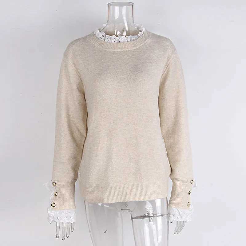 Autumn Winter Womens Knitted Sweater 2025 Fashion Lace Round Neck Long Sleeve Pullover Sweater Tops Women Casual J251029