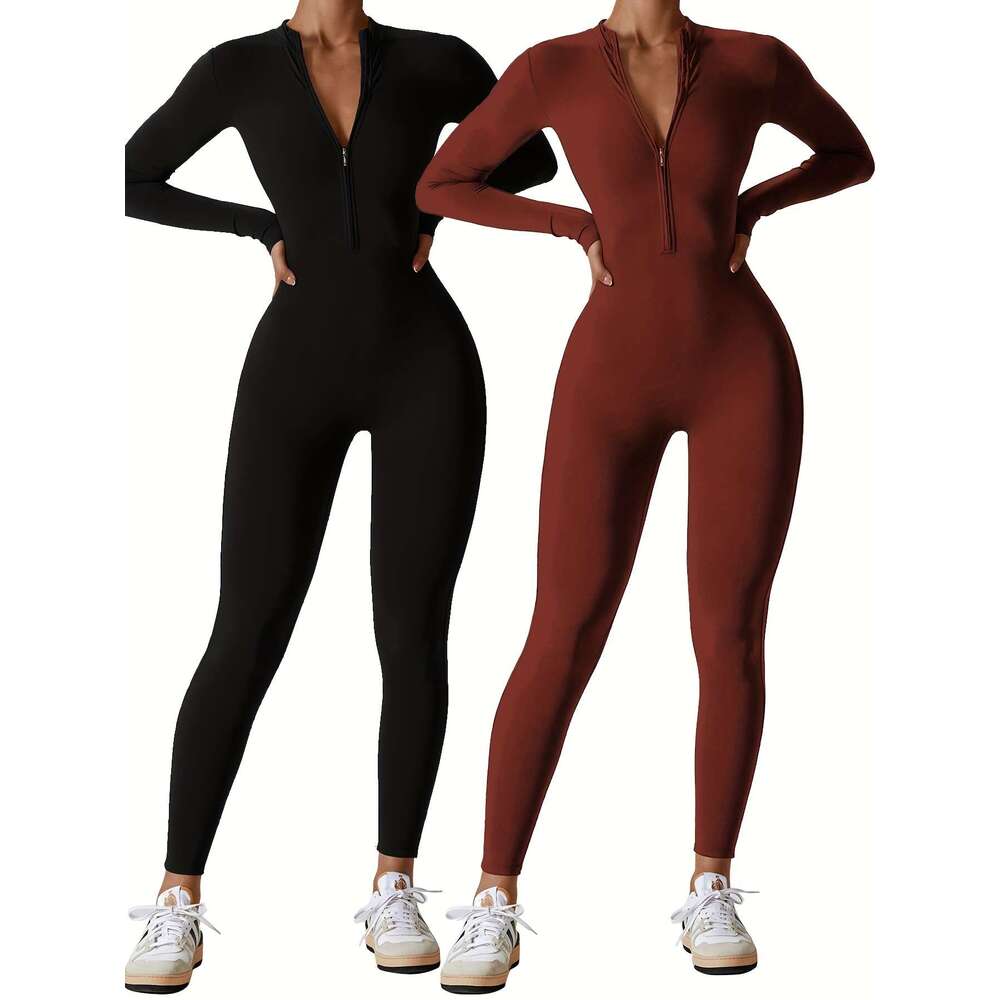 2Pcs Full-Zip Yoga Jumpsuits Full-Body Workout Bodysuits With Full-Length Zipper, High-Elasticity Full-Coverage Gym Suits For Dance, Cycling, Gymnasti