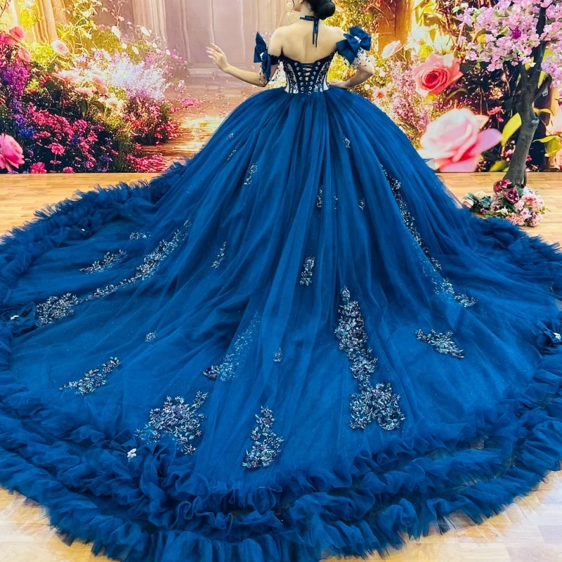 Navy Blue Shiny Ball Gown Quinceanera Dresses Off The Shoulder Applique Lace Beads Tiered Tull Party Birthday Sweet 16 Dress