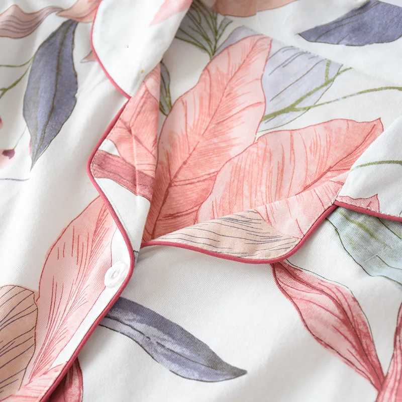 Women Long Sleeve Nightwear Autumn 100 Cotton Knitted Pajama Set Turndown Collar Leaves Printing Pajamas Loungewear SleepwearT251029