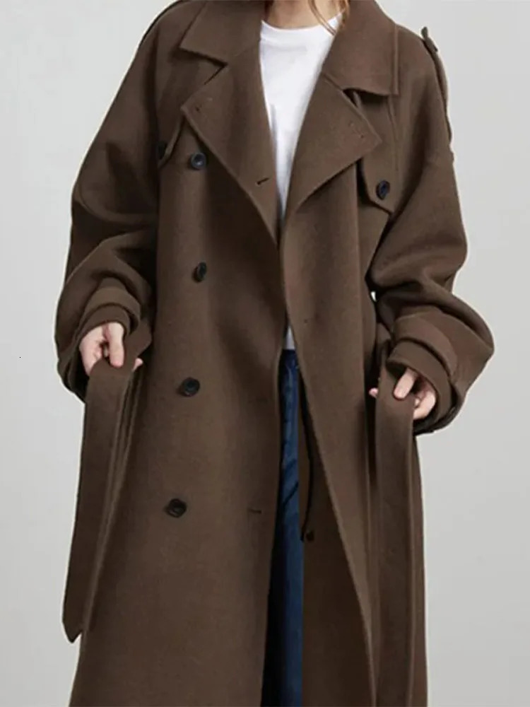 Fashion Belt Woolen Long Coat For Women Loose Lapel Sleeve Double Breasted Autumn Winter Overcoat Streetwears 251028