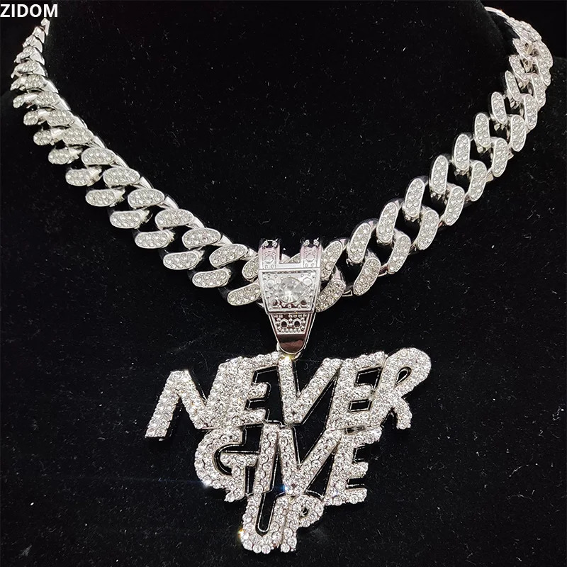 Men Women Hip Hop NEVER GIVE UP Pendant Necklace 13mm Crystal Cuban Chain HipHop Iced Out Bling Necklaces Fashion Charm Jewelry 251029