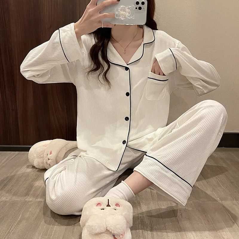 New Casual Sleepwear Pyjamas Women Black White Spring Autumn Winter Home Clothes Long Sleeve Female Nightwear Pajamas Set M3XLT251029