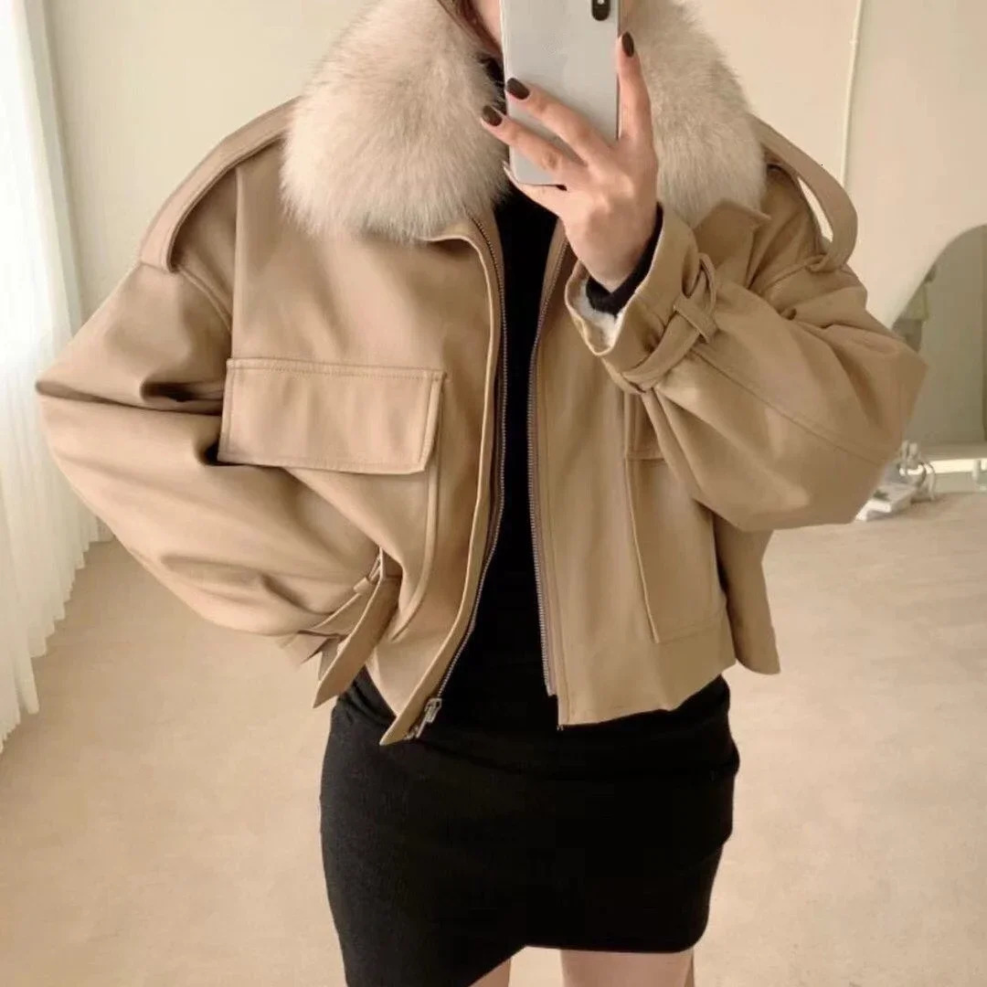 Womens Winter PU Leather Jacket Female Faux Fur Collar Fleece Coats A541 251029