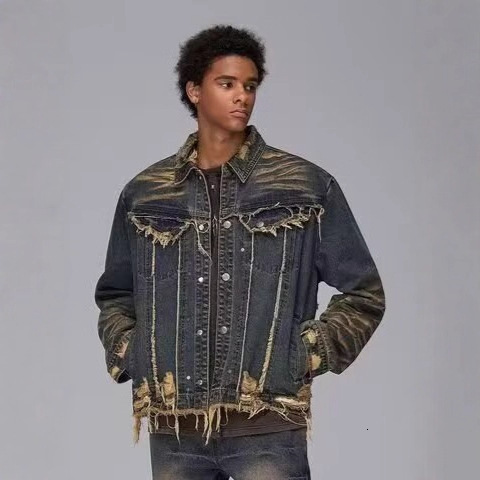 American Niche Design Frayed Shoulder Pads Long Sleeve Denim Jacket Unisex Spring Autumn Designer Jacket New Style Turn-down Collar Jacket