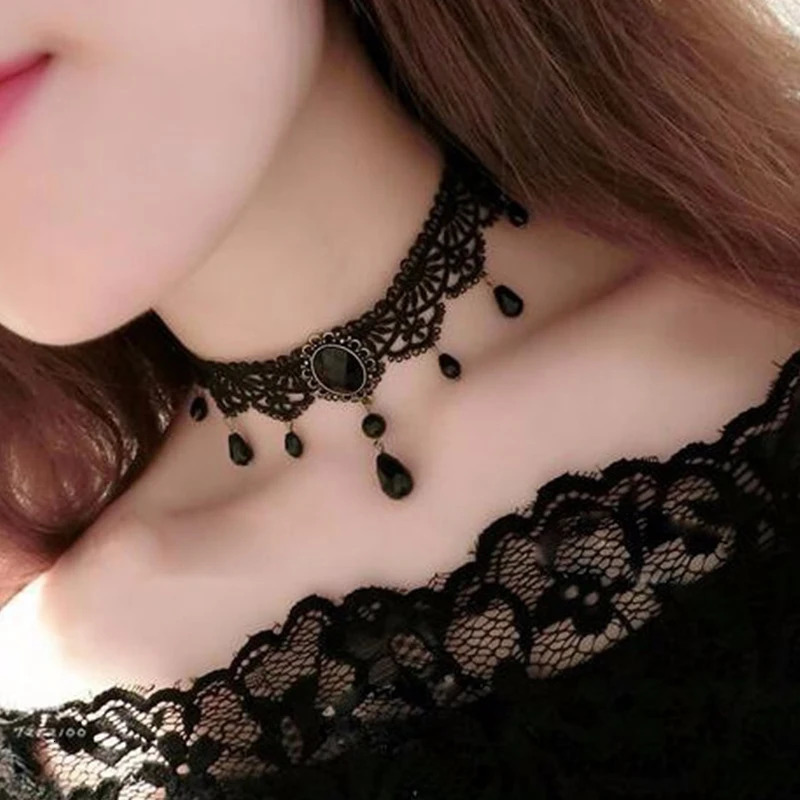Sexy Gothic Chokers Crystal Black Lace Neck Choker Necklace Vintage Victorian Women Chocker Steampunk Jewelry 251029