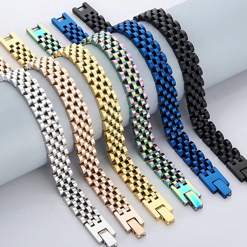 1015MM Watchband Style Mens Man Bracelet For Men Women Waterproof Gold Color Stainless Steel Mannen Armband Hand Wrist Jewelry 251028