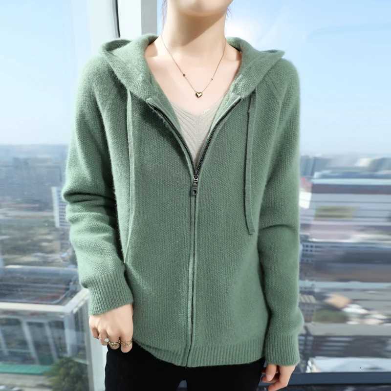 Women 100 Merino Wool Sweater Zip Hooded Collar Pullover Autumn Winter Cashmere Knitwear Elegant Clothing Thick Bottoming TopsT251028