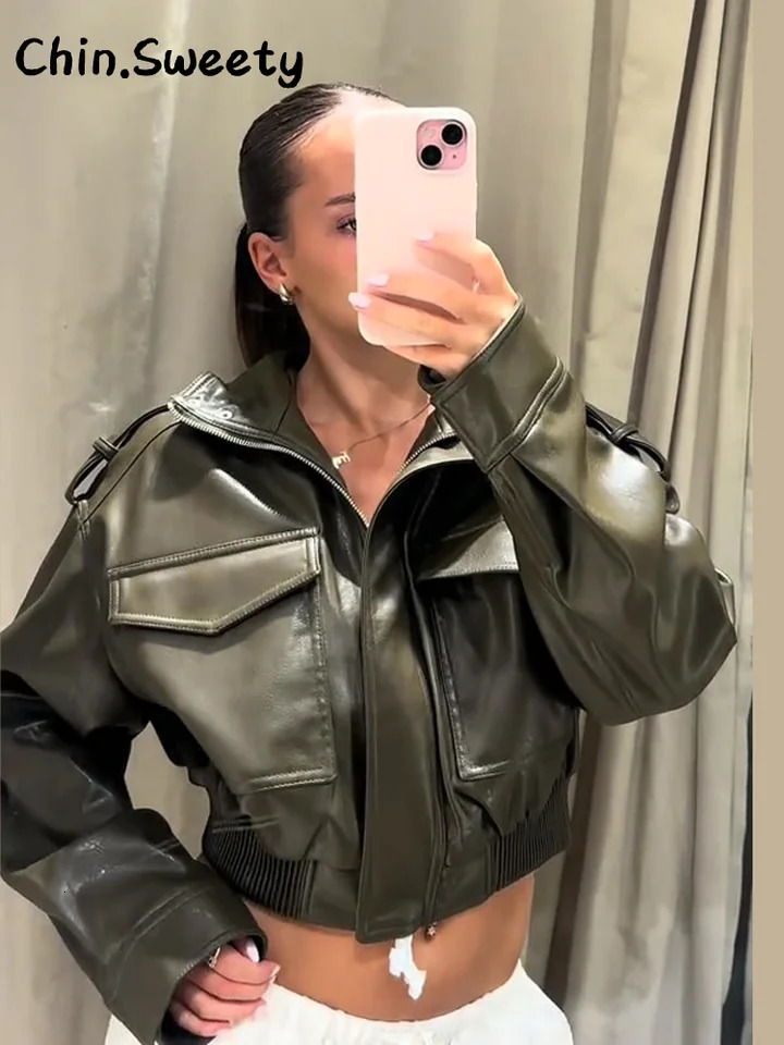 Street Vintage Pockets Cropped Leather Jacket Women Loose Stand Collar Long Sleeve Zipper Coat 2025 Autumn Lady Chic Outwear 251029