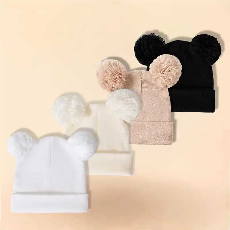 4PC Double Ball Childrens solid color 16Y cute baby knitted cap Acrylic autumn and winter cap251028