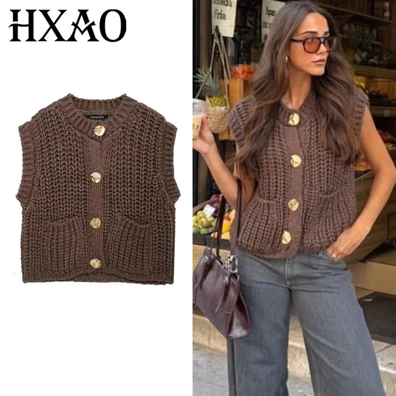 HXAO Womens Vest Outerwears Sleeveless Brown Sweater Knit Vest Women Preppy Cropped Sweaters Autumn Winter Vest Woman Knitwears 251029
