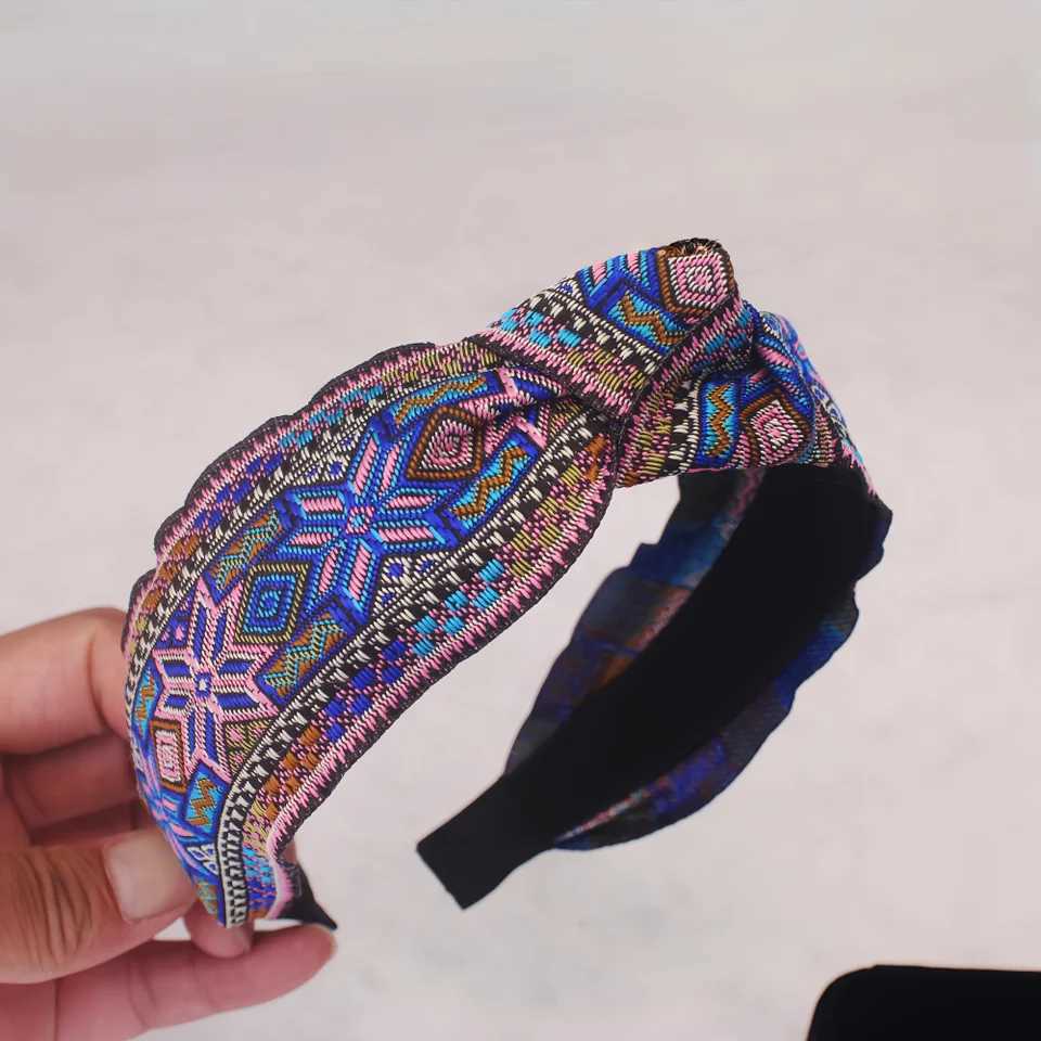 Embroidery Knotted Wide Hairbands For Women Girls Headwear Ethnic Fabric Headbands Female Flower Hair Hoop Hair BandW251028