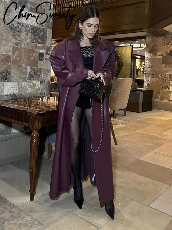 Street Pu Leather Women Long Coat Y2K Solid Belt Lapel Pocket Full Sleeve Female Jacket 2025 Autumn Winter Lady Outwear 251029
