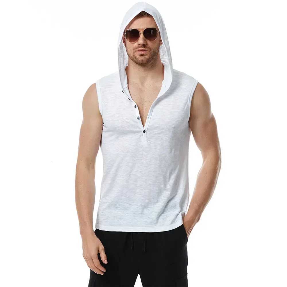 Men Cotton Hooded Tank Solid Color Half Button Sleeveless Tshirt Solid Color Breathable Lightweight Fashion Casual Vest W251029
