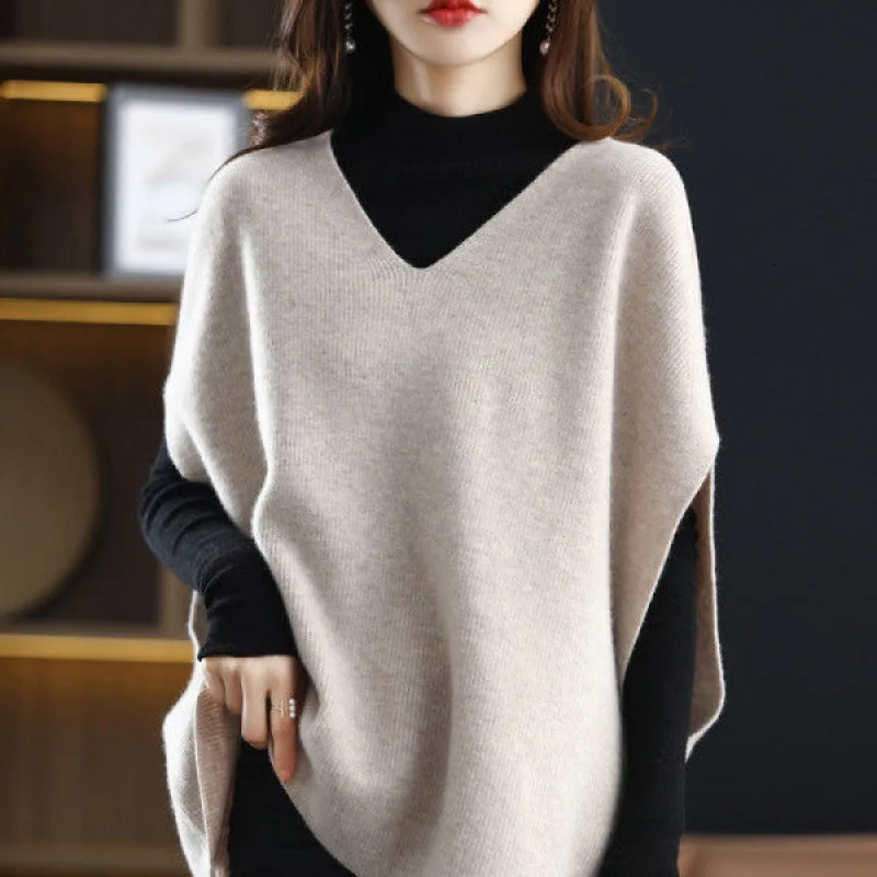 Autumn Winter Cashmere Sweater Vest Female Vneck Bat Sleeve Solid Color Versatile Sleeveless Loose Knit Waist B1 251029