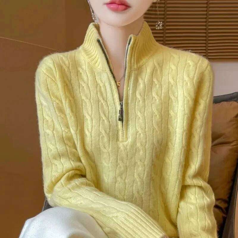 Sweater Coat Women's Autumn Winter 2025 New Half-Open Zipper Knitwear Female Loose Twisted Collar Thick Pullover Top Lady Designer Sweater Women 