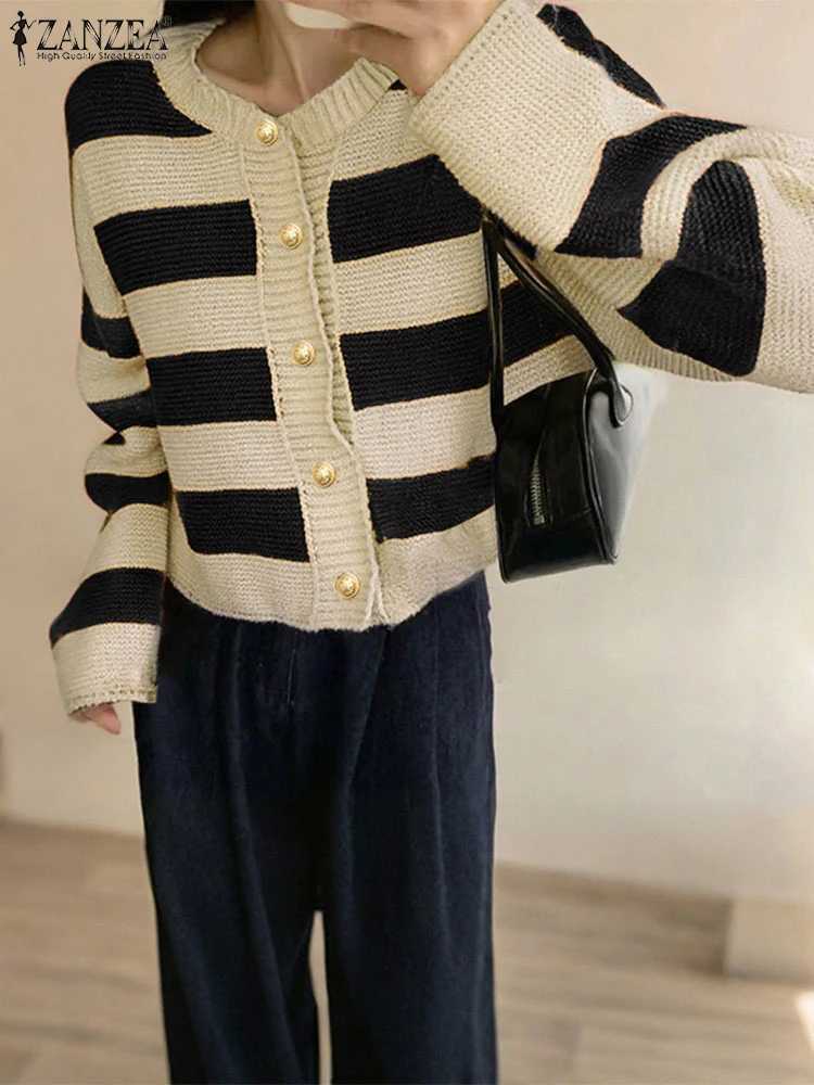 ZANZEA Fashion Women Sweaters Cardigans Long Sleeve Striped Jumpers Autumn Knitted 2025 Winter Casual Loose Knitwear Buttons TopT251028