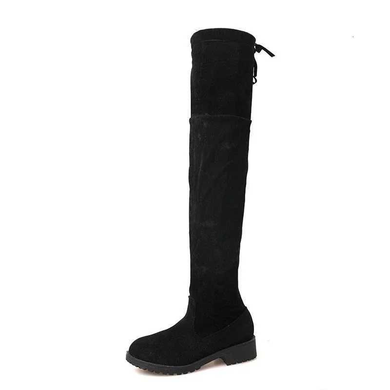 Autumn Faux Suede Women Heels Zipper Elastic Knee High Boots Women Tube Laceup Thigh Gigh Boots Black Botas Mujer Female Z251029