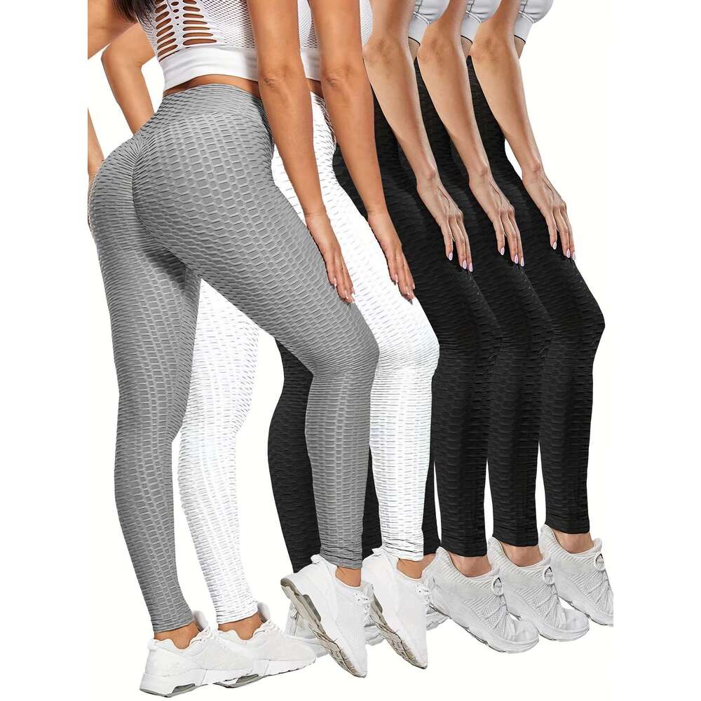 5pcs High Waist Honeycomb Sports Running Leggings, Women's Fiess Yoga Tight Pants Activewear