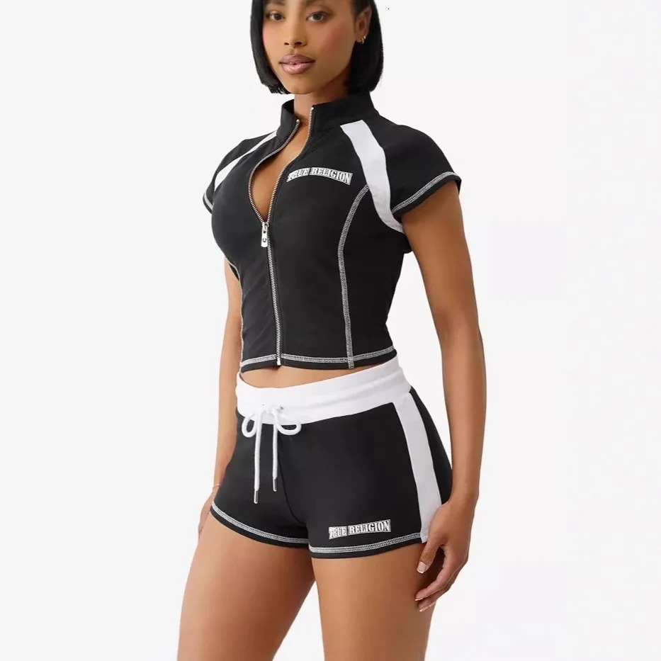 Summer European and American Street Spice Girl Style Zipper Cardigan Slim Casual Sports Shortsleeved Tshirt Top Set 251029