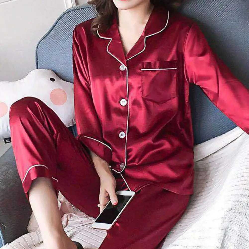 Womens Pajama Imitation Silk Satin Comfortable Long Sleeve Nighty Suit Pajama Lounge Pant Women Sleepwear Winter NightclothesT251029