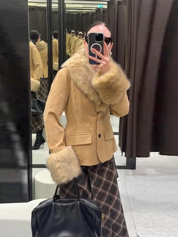 Street Faux Fur Patchwork Women Jacket Elegant Solid Long Sleeve Pocket Button Female Coat 2025 Autumn Winter Lady Outwear 251029
