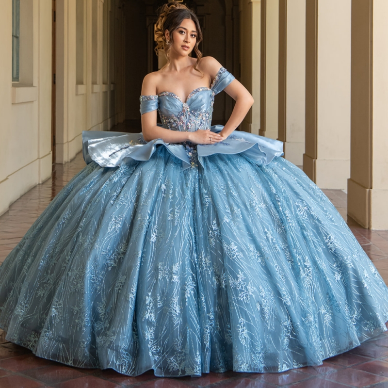 Sky Blue Shiny Quinceanera Dresses Off The Shoulder Sequin Applique Lace Beads Bow Tull Party Birthday Sweet 16 Dress Vestidos 15 de anos