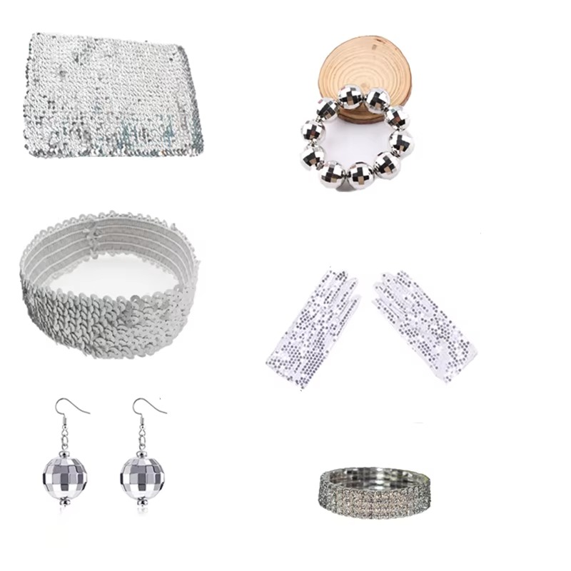 6 pieces of 1970s-style silver disco accessories collection: Sequined square, beaded bracelet, strapless, gloves, earrings, rhinestone bracelet